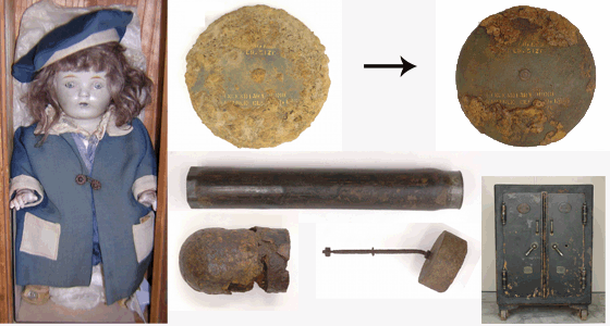 戦災資料（焼夷弾、青い目の人形、耐火金庫）